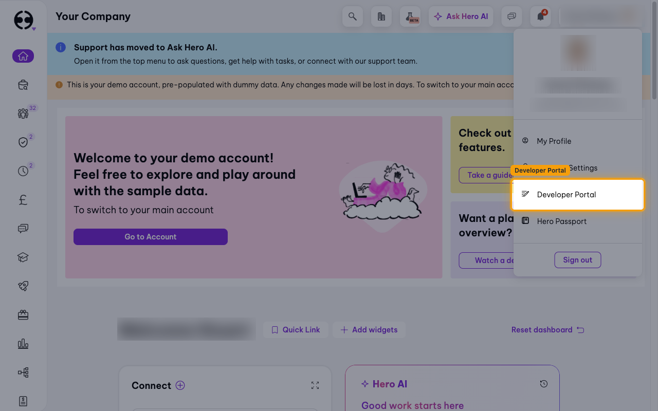 The profile menu open with the Developer Portal item highlighted