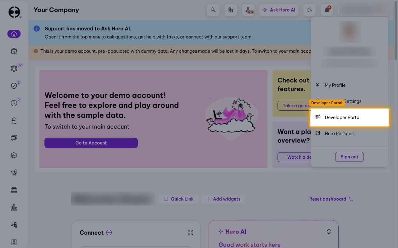 The profile menu open with the Developer Portal item highlighted
