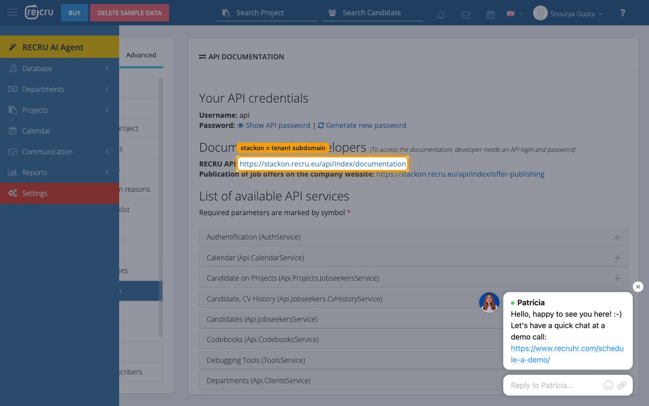 A RECRU backoffice URL highlighting the tenant subdomain segment before .recru.eu.