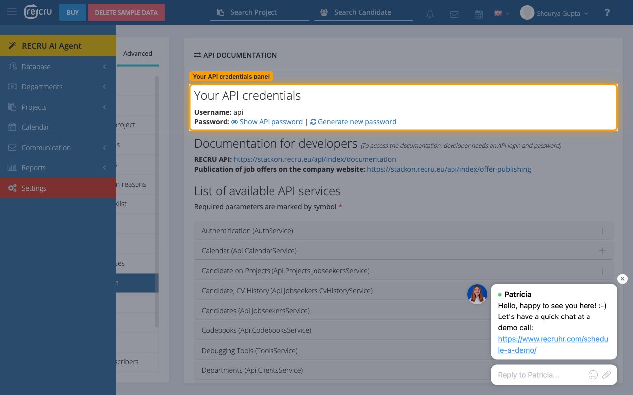 The Your API credentials panel showing Username api and the Show API password and Generate new password links.