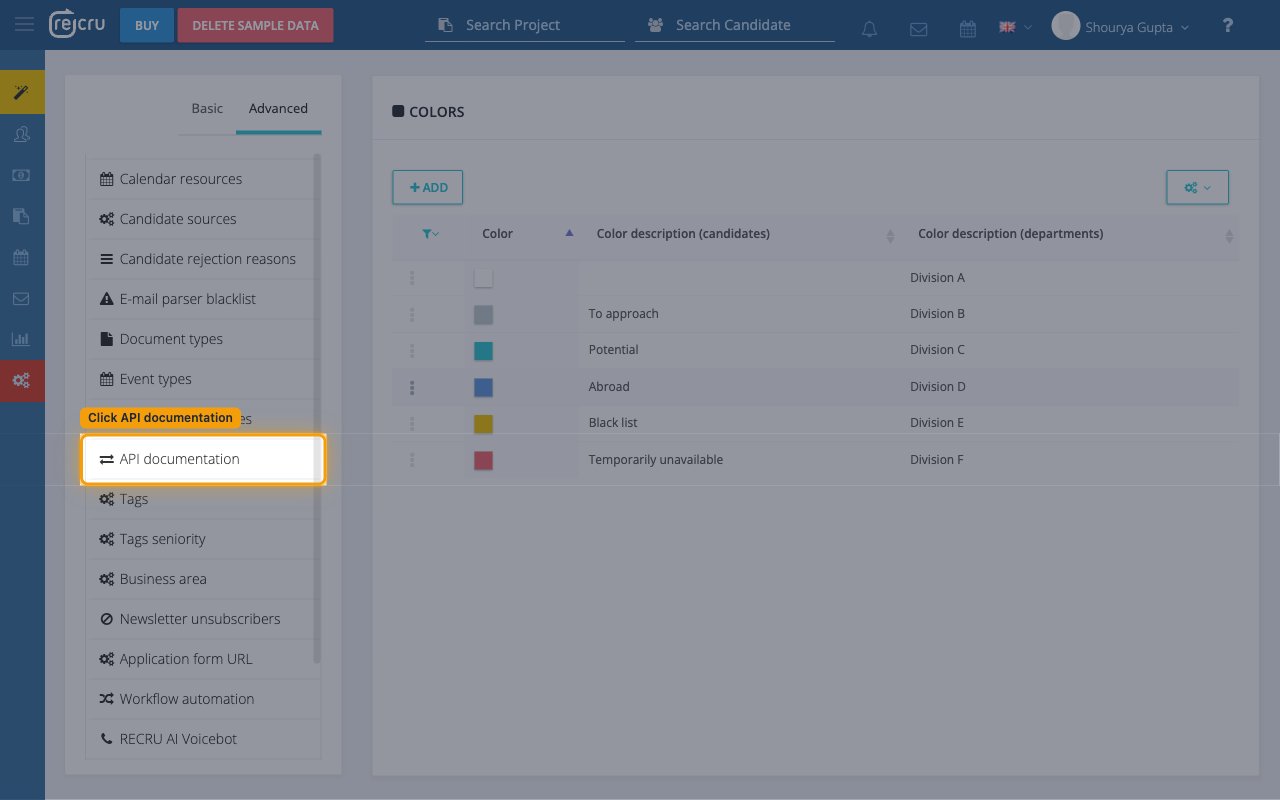 Settings screen on the Advanced tab with the API documentation item highlighted.