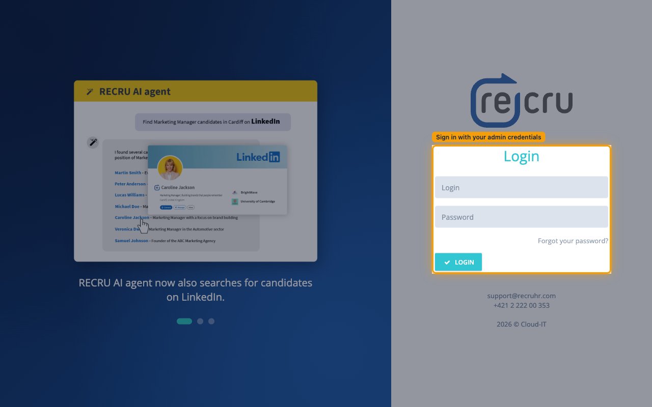 RECRU BackOffice login screen with the Login and Password fields.