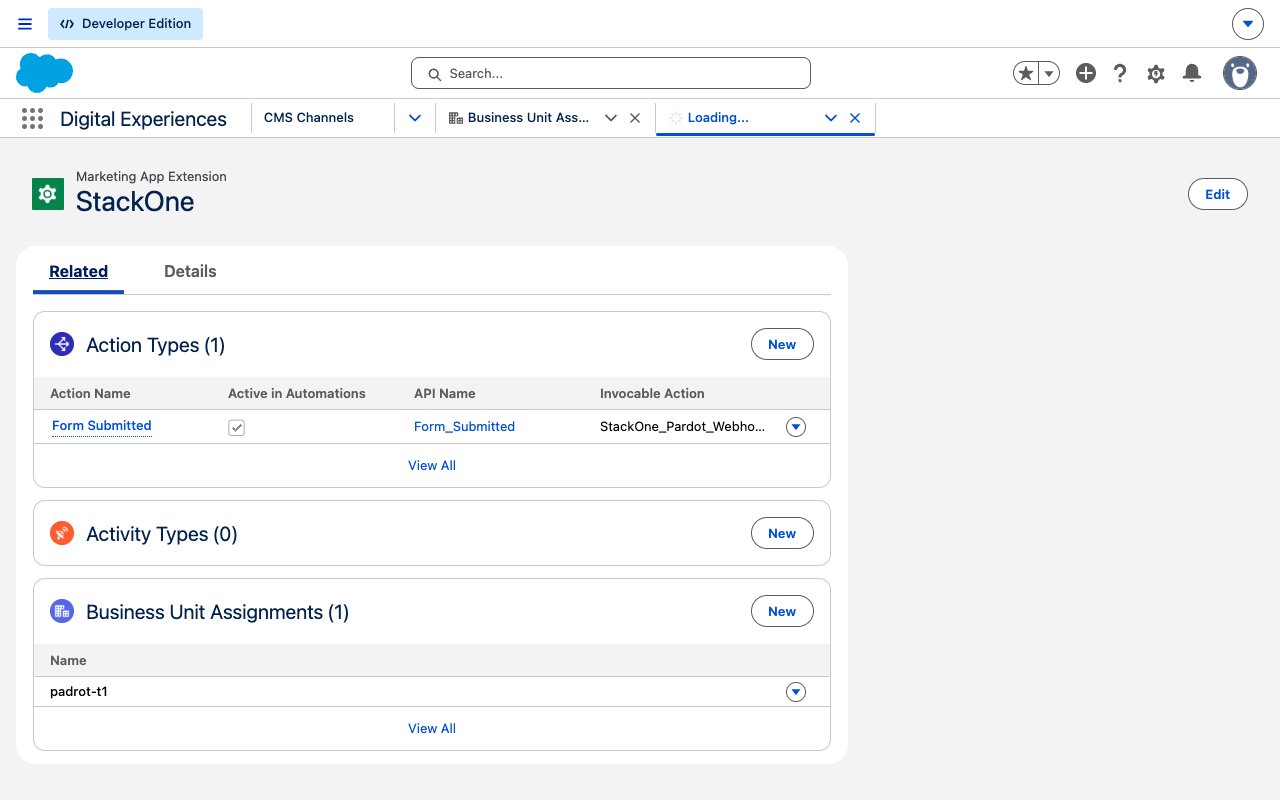The extension Related tab showing the Action Types and Business Unit Assignments sections