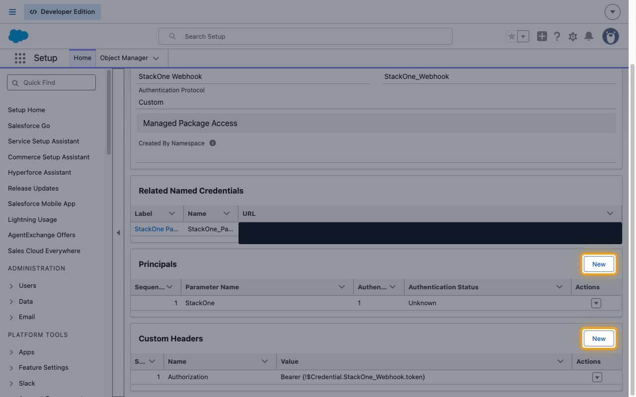 The external credential showing the Principals and Custom Headers sections with their New buttons highlighted