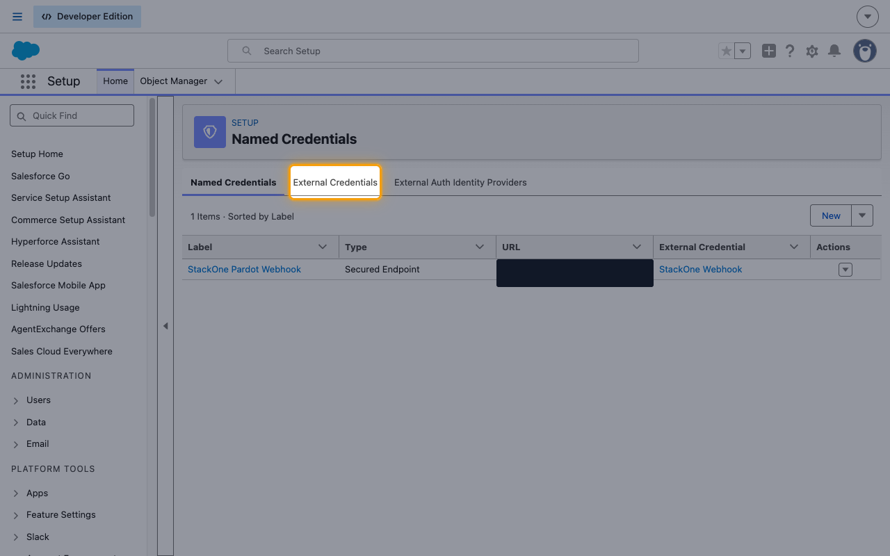 The Named Credentials page with the External Credentials tab highlighted
