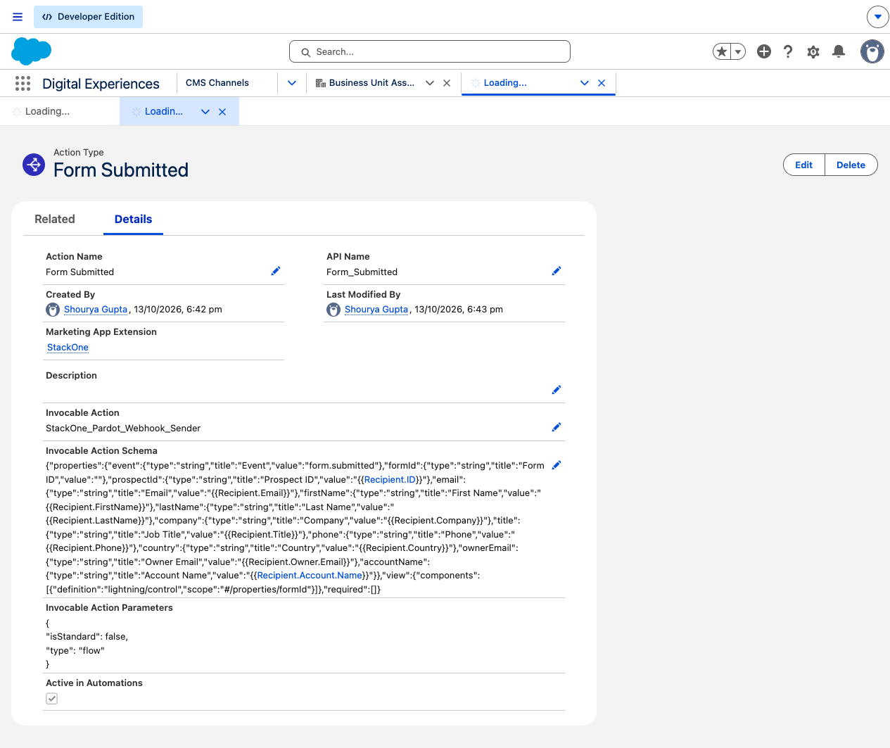 An action type showing its Invocable Action Schema with the static event value and the form id field
