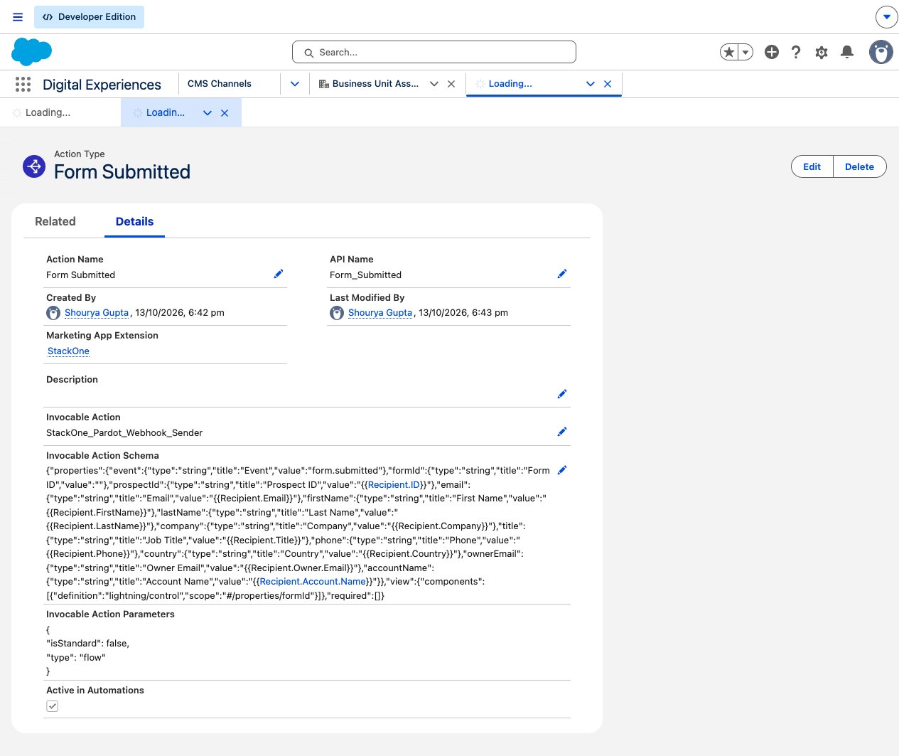 An action type showing its Invocable Action Schema with the static event value and the form id field