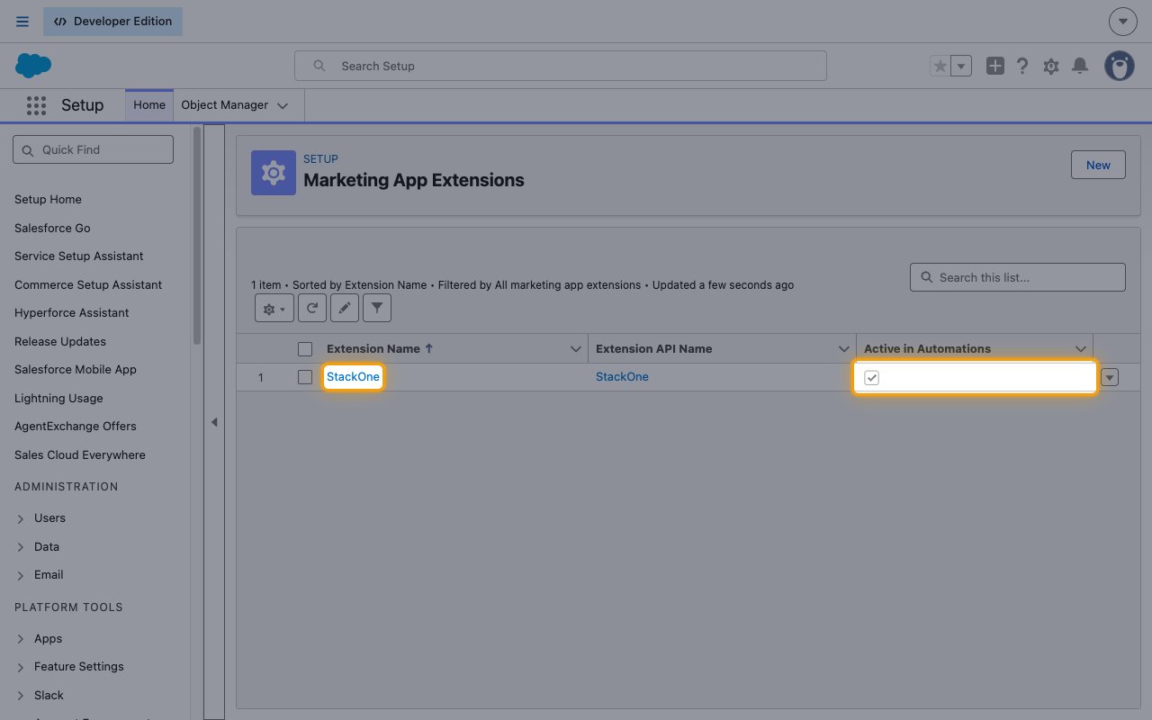 The Marketing App Extensions list with the extension and its Active in Automations checkbox highlighted
