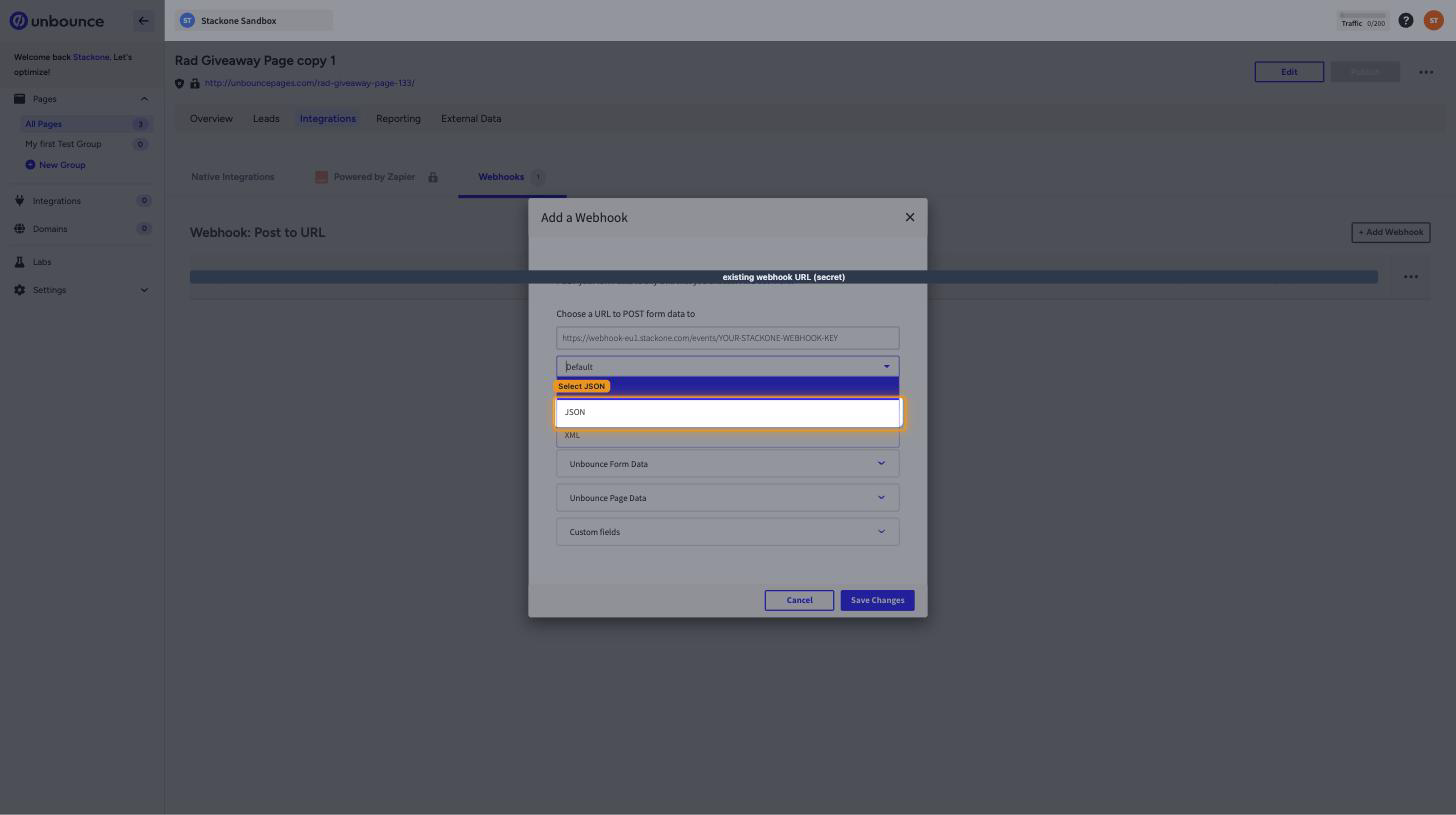 The Add a Webhook dialog with the encoding dropdown open and JSON highlighted