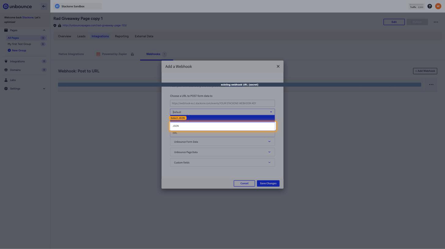The Add a Webhook dialog with the encoding dropdown open and JSON highlighted