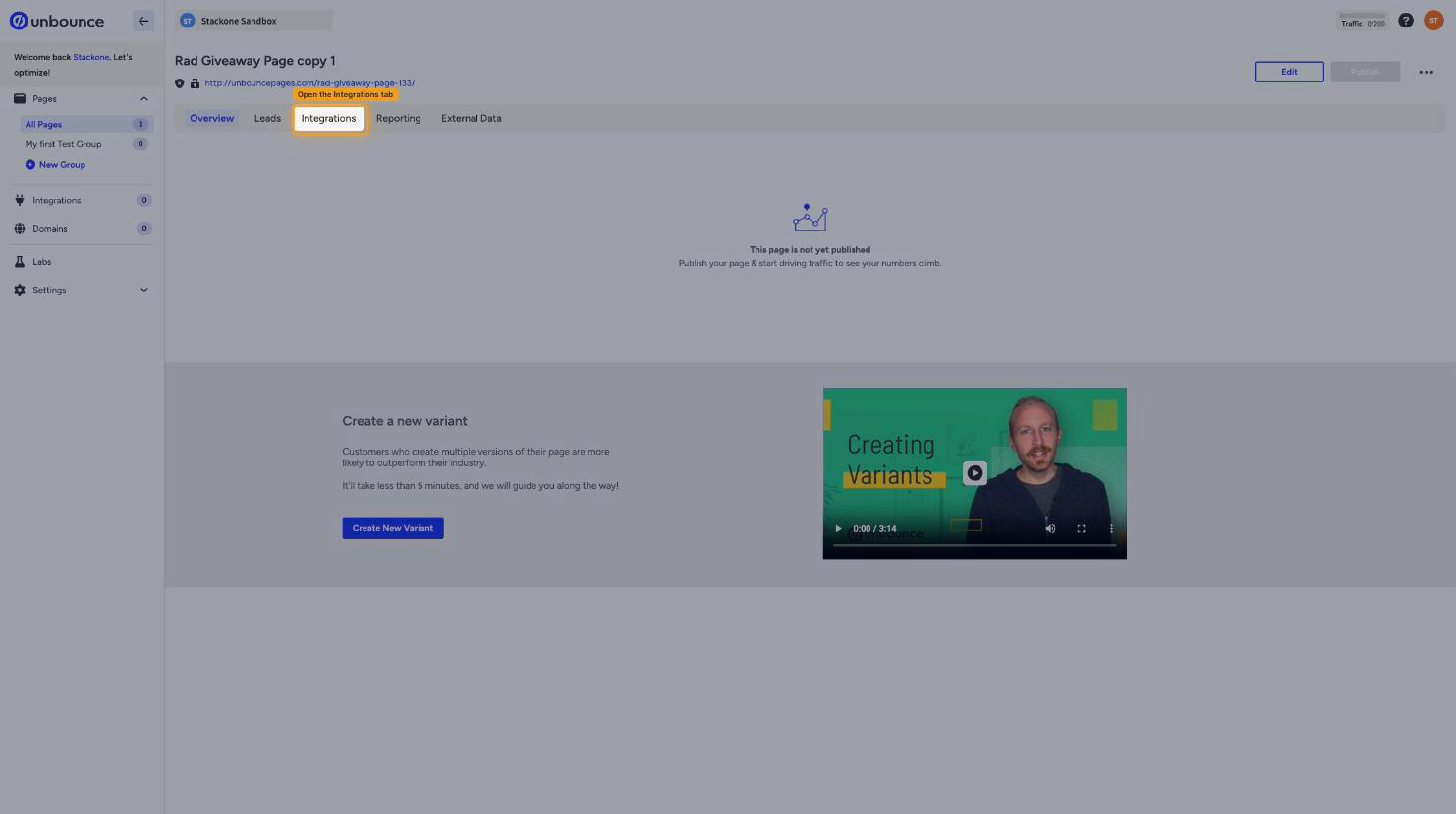 The landing page overview with the Integrations tab highlighted