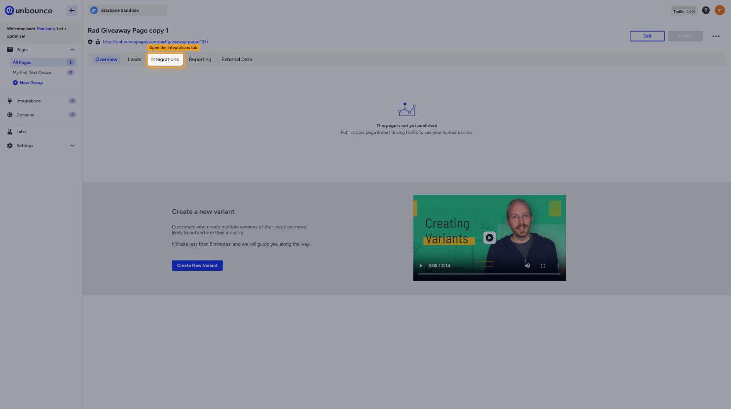 The landing page overview with the Integrations tab highlighted