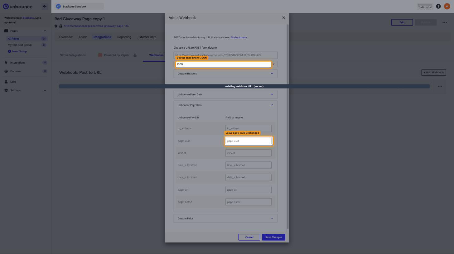 The Map Fields section with Unbounce Page Data expanded and the page_uuid mapping highlighted