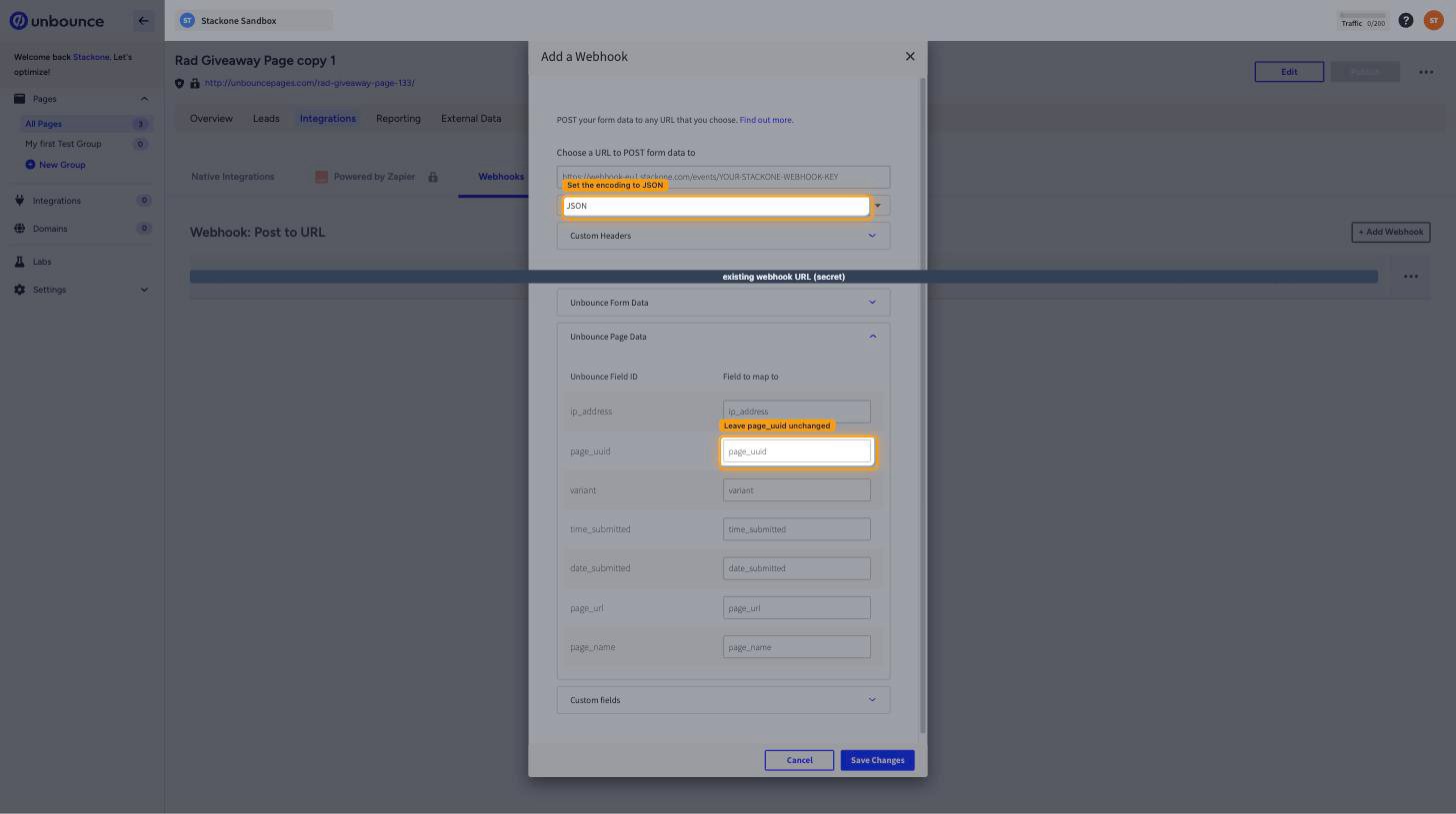 The Map Fields section with Unbounce Page Data expanded and the page_uuid mapping highlighted
