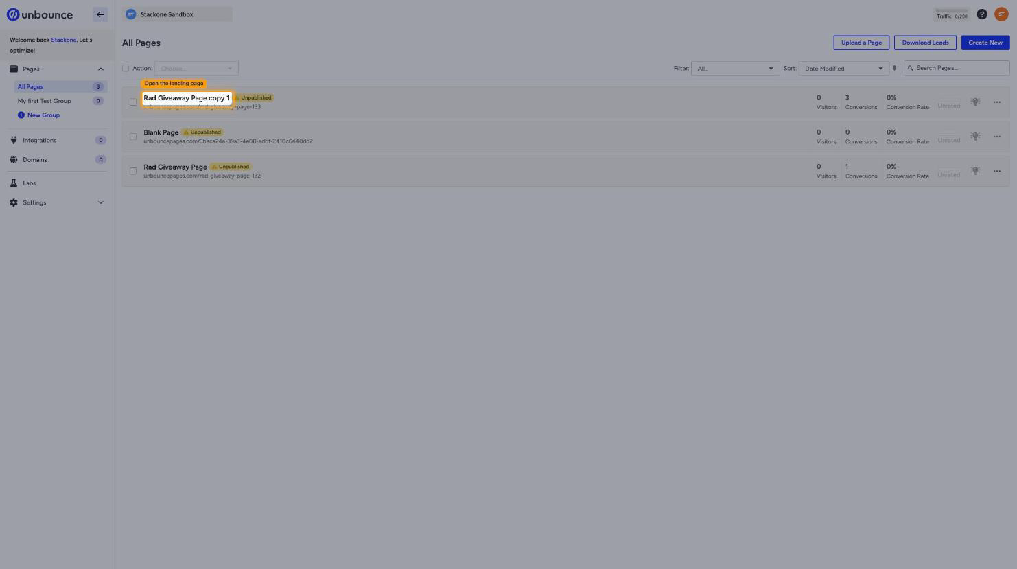 The All Pages list with a landing page name highlighted