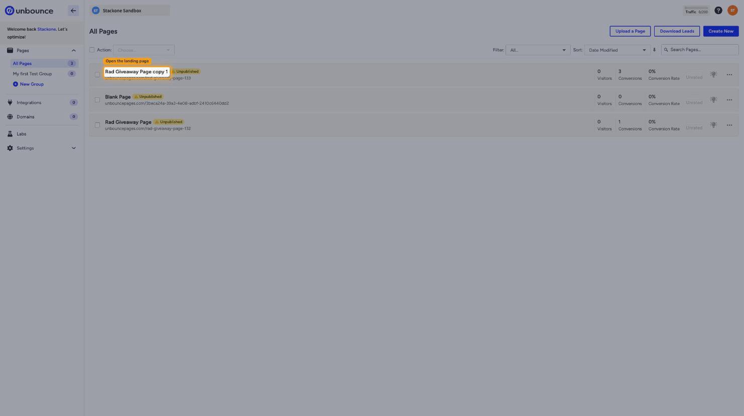 The All Pages list with a landing page name highlighted