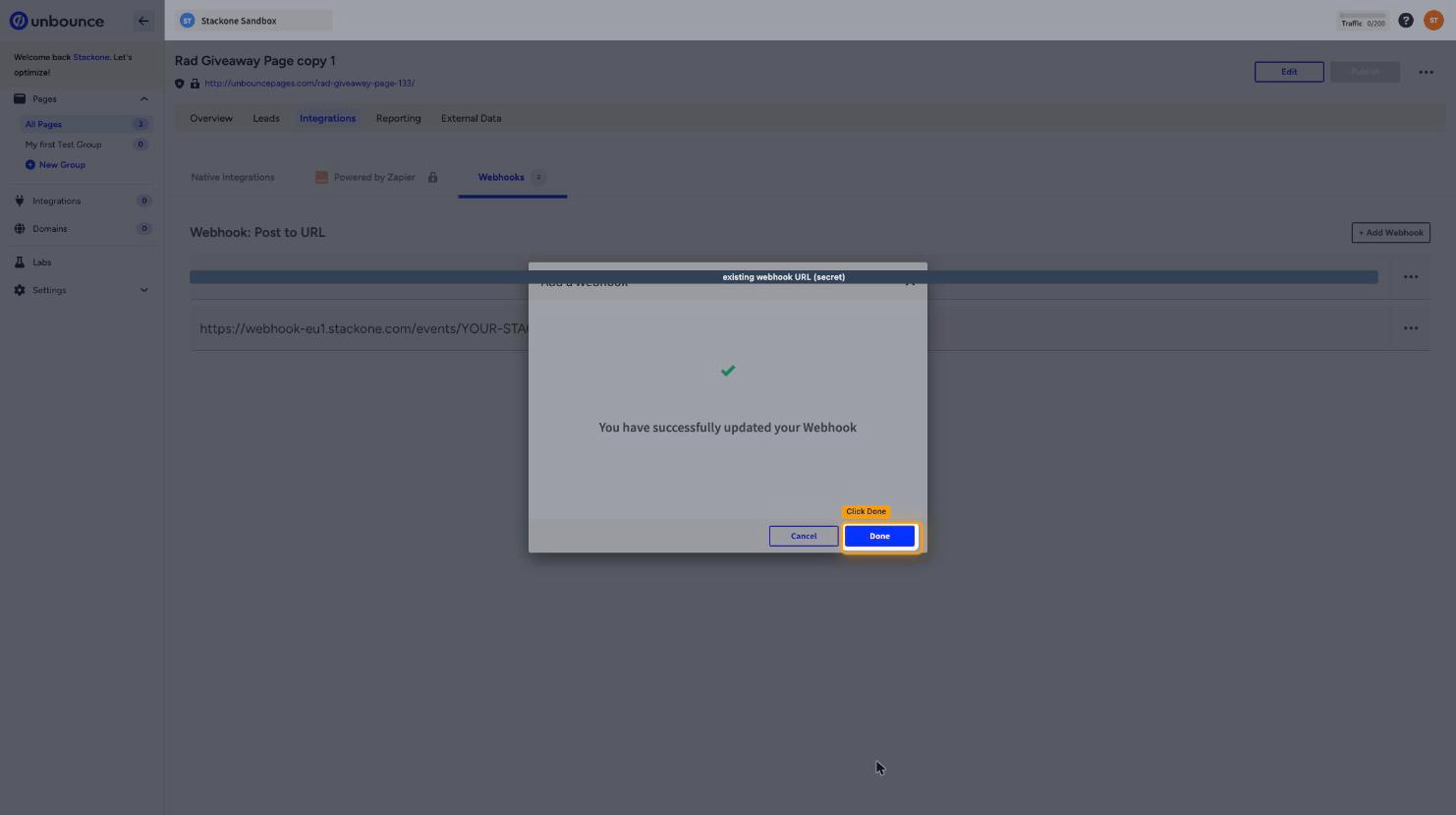 The confirmation that the webhook was saved, with the Done button highlighted