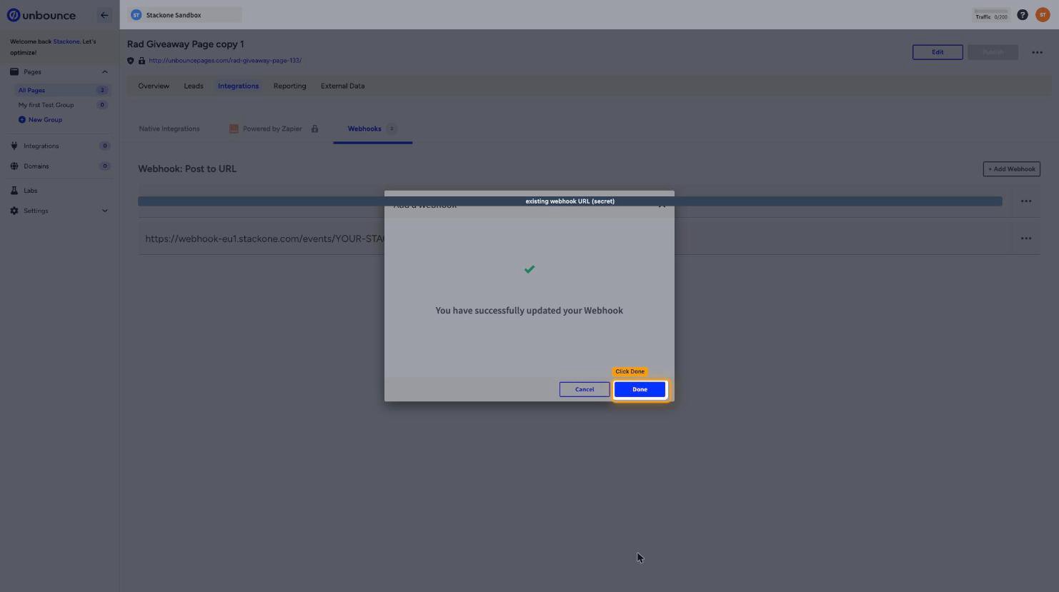 The confirmation that the webhook was saved, with the Done button highlighted