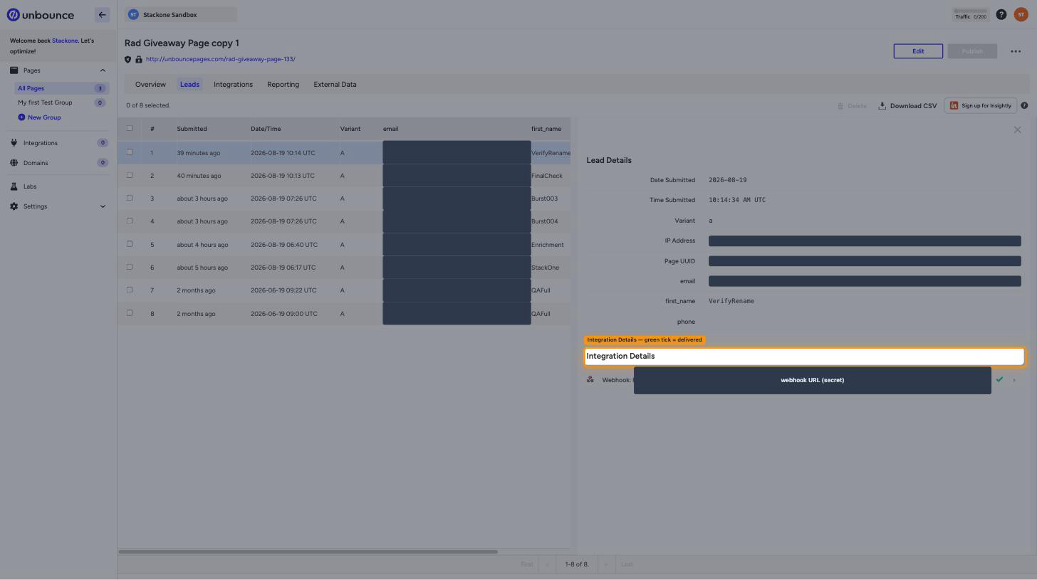 A lead's Integration Details showing a green tick against the webhook