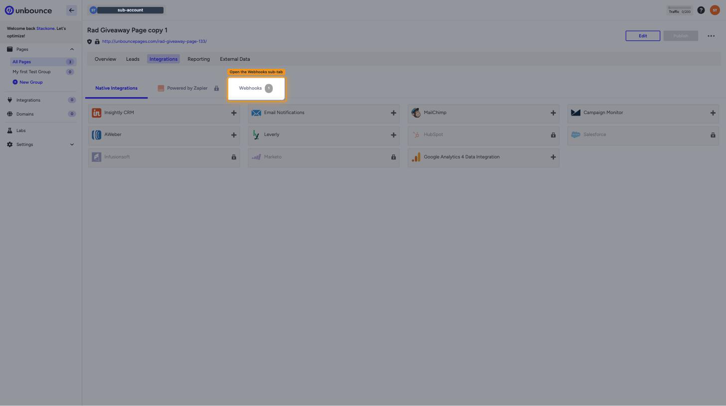The page Integrations tab with the Webhooks sub-tab highlighted