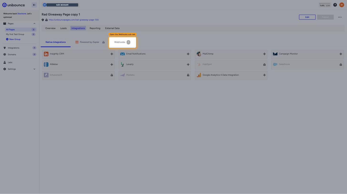 The page Integrations tab with the Webhooks sub-tab highlighted