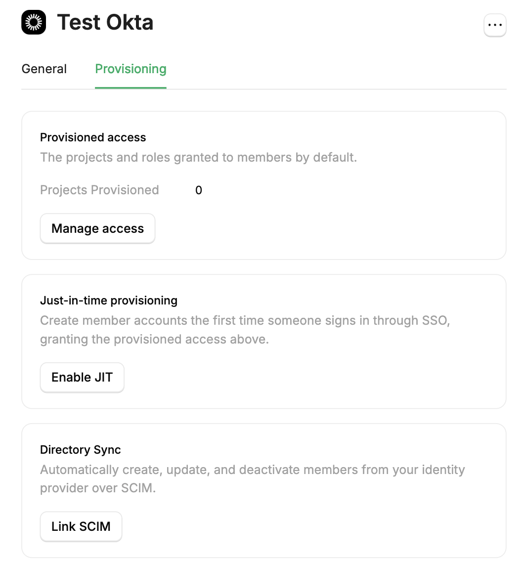 The Provisioning tab on an SSO connection, showing the Provisioned access, Just-in-time provisioning, and Directory Sync cards with their Manage access, Enable JIT, and Link SCIM actions.