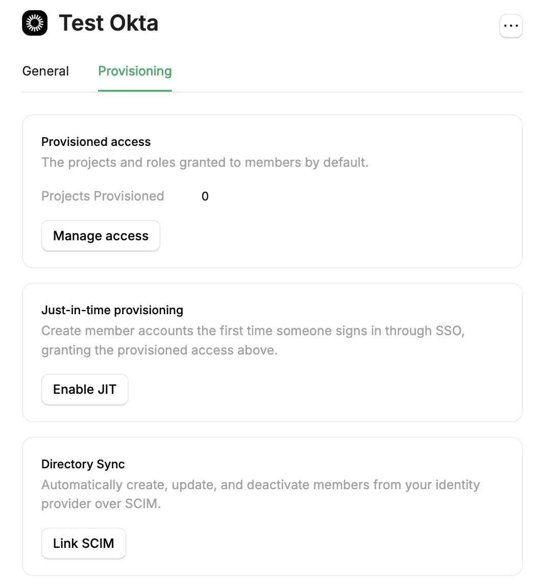 The Provisioning tab on an SSO connection, showing the Provisioned access, Just-in-time provisioning, and Directory Sync cards with their Manage access, Enable JIT, and Link SCIM actions.