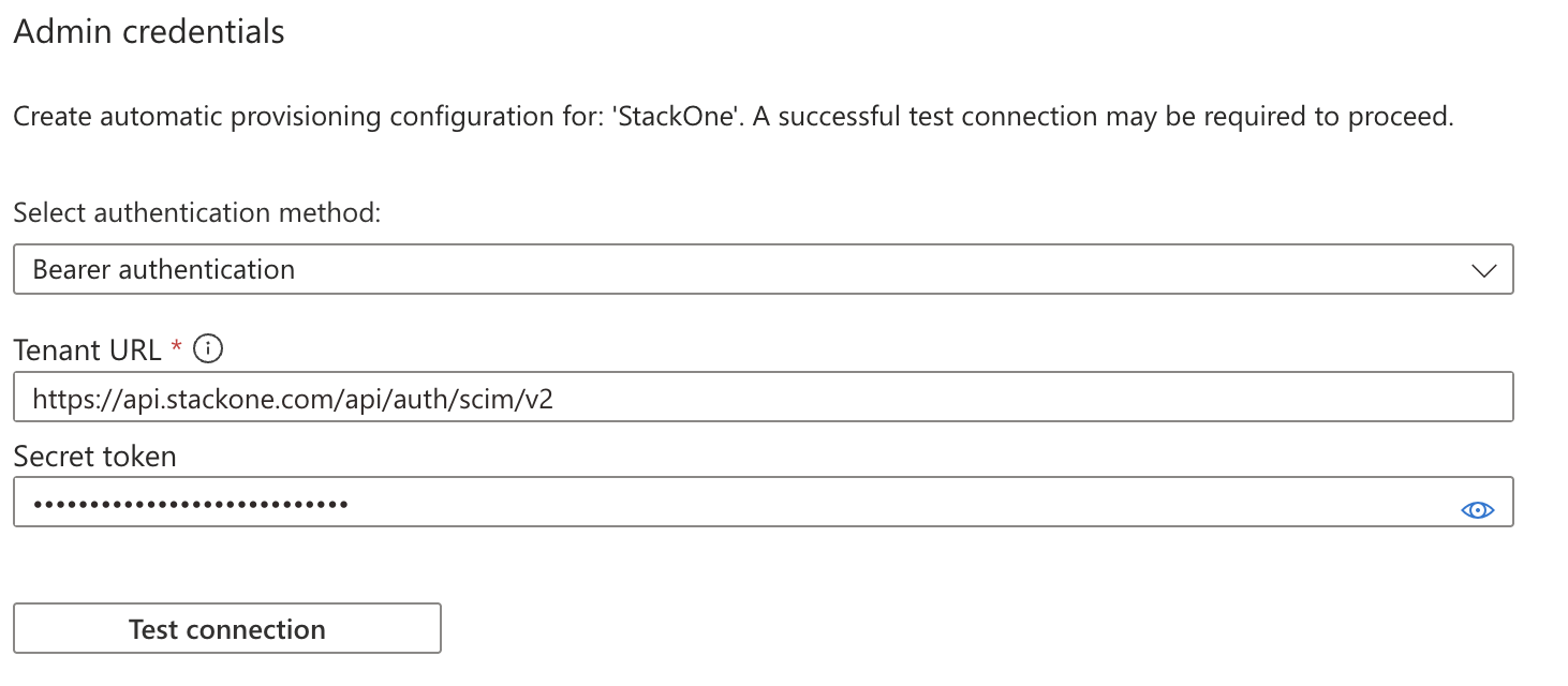 Microsoft Entra, Provisioning > Admin Credentials, with Bearer authentication, the Tenant URL (SCIM base URL) and Secret Token (provisioning token) entered, ready to Test Connection.