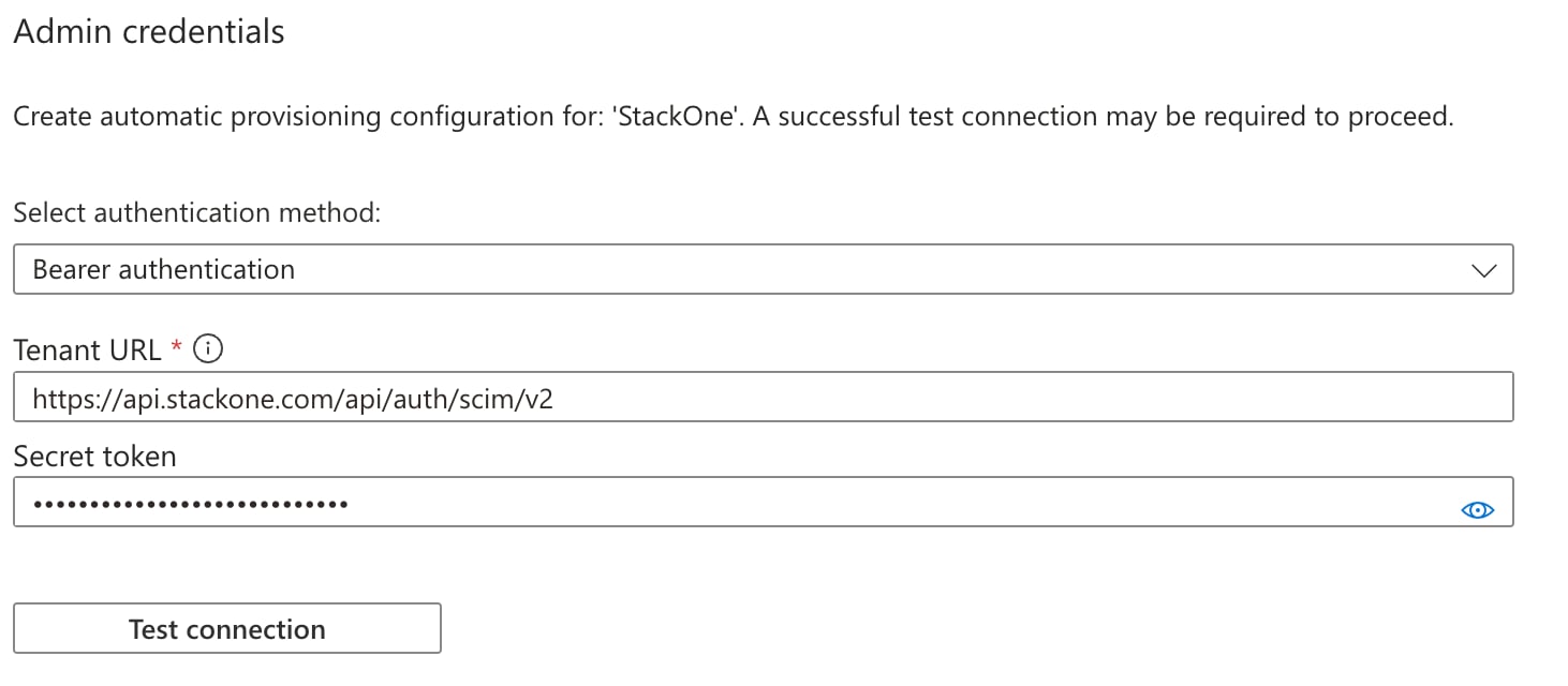 Microsoft Entra, Provisioning > Admin Credentials, with Bearer authentication, the Tenant URL (SCIM base URL) and Secret Token (provisioning token) entered, ready to Test Connection.
