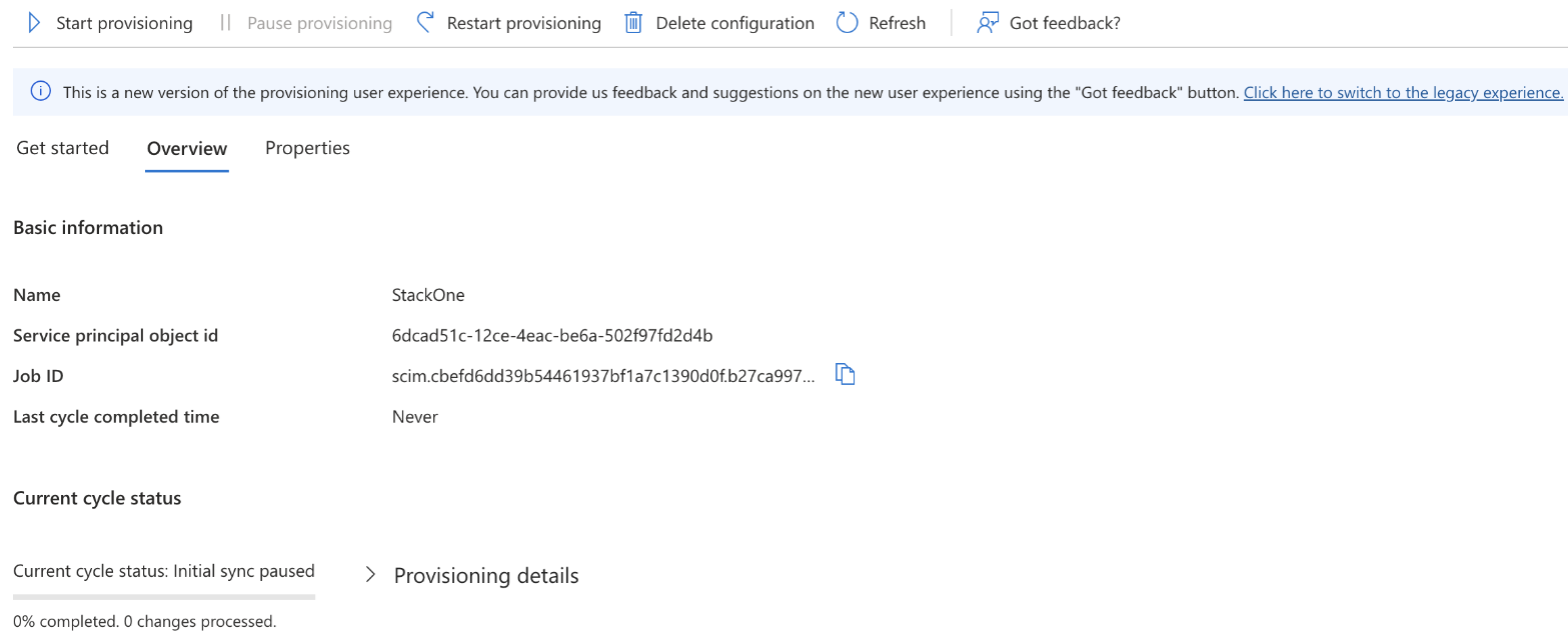 Microsoft Entra, the provisioning overview after connecting, with Start provisioning in the toolbar and the current cycle status.