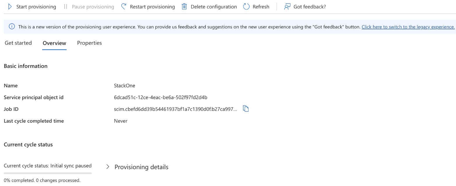 Microsoft Entra, the provisioning overview after connecting, with Start provisioning in the toolbar and the current cycle status.