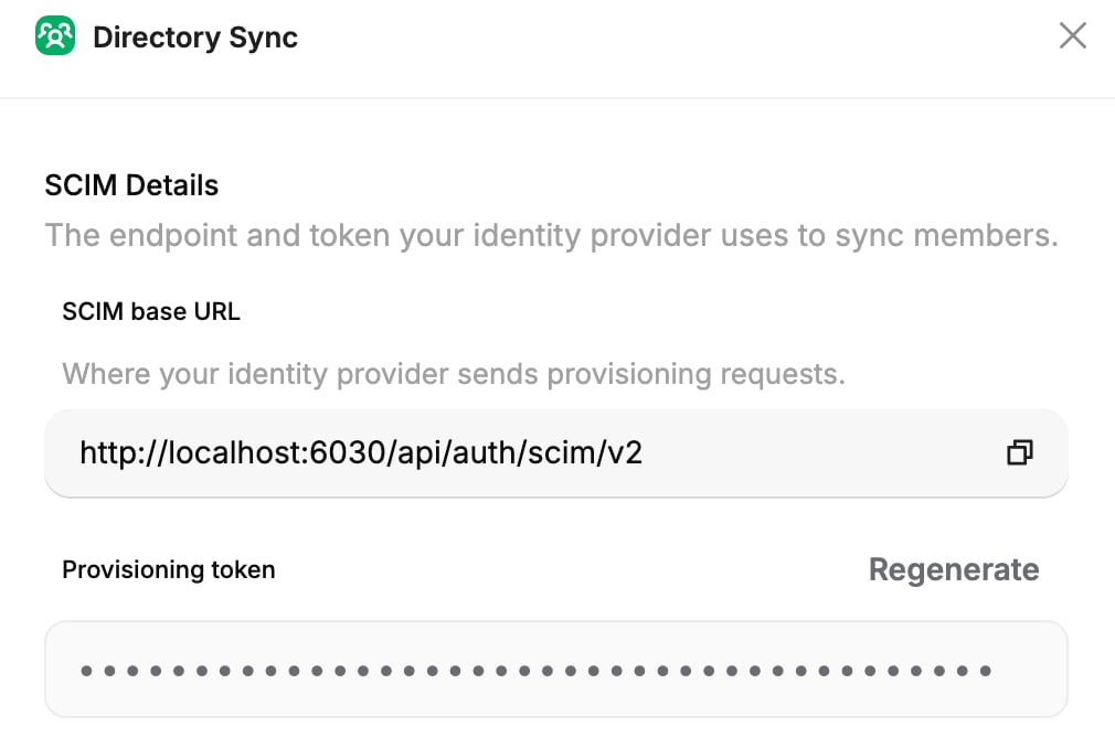 The Directory Sync panel showing the SCIM base URL and the masked provisioning token with a Regenerate action.