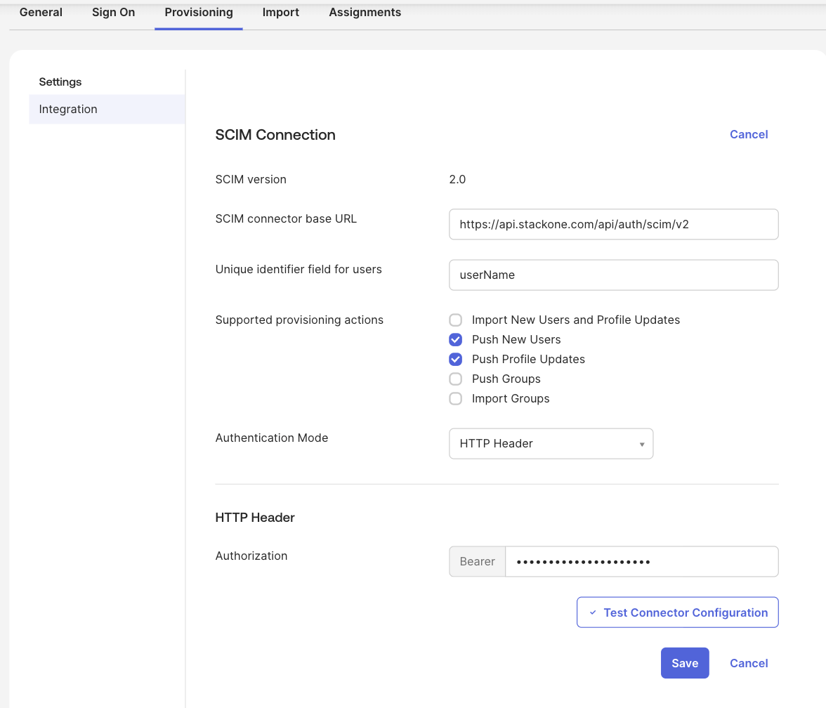 Okta, Provisioning > Integration, showing the SCIM Connection with the connector base URL, userName as the unique identifier, Push New Users and Push Profile Updates enabled, and HTTP Header bearer-token authentication.