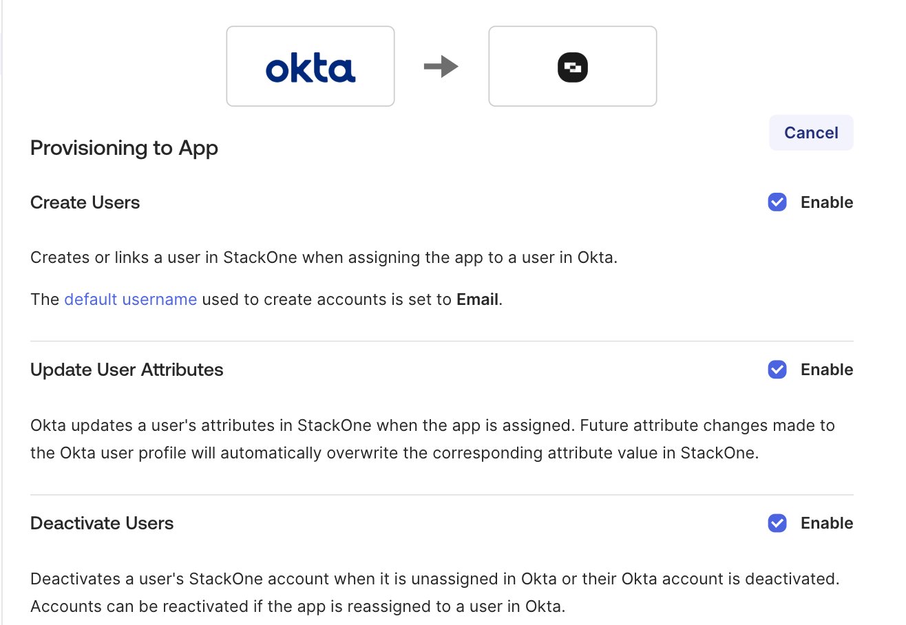 Okta, Provisioning > To App, with Create Users, Update User Attributes, and Deactivate Users all enabled.