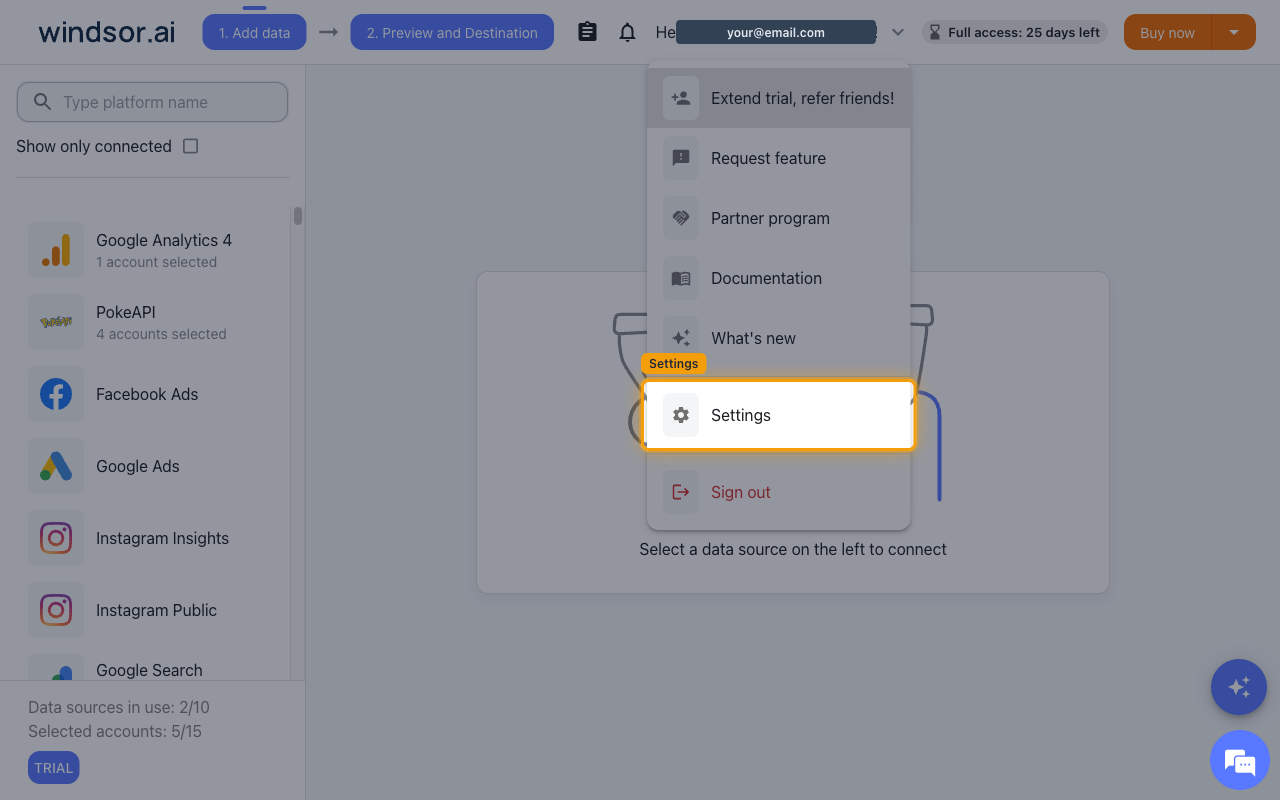 The Windsor.ai account menu open in the header with the Settings entry highlighted.