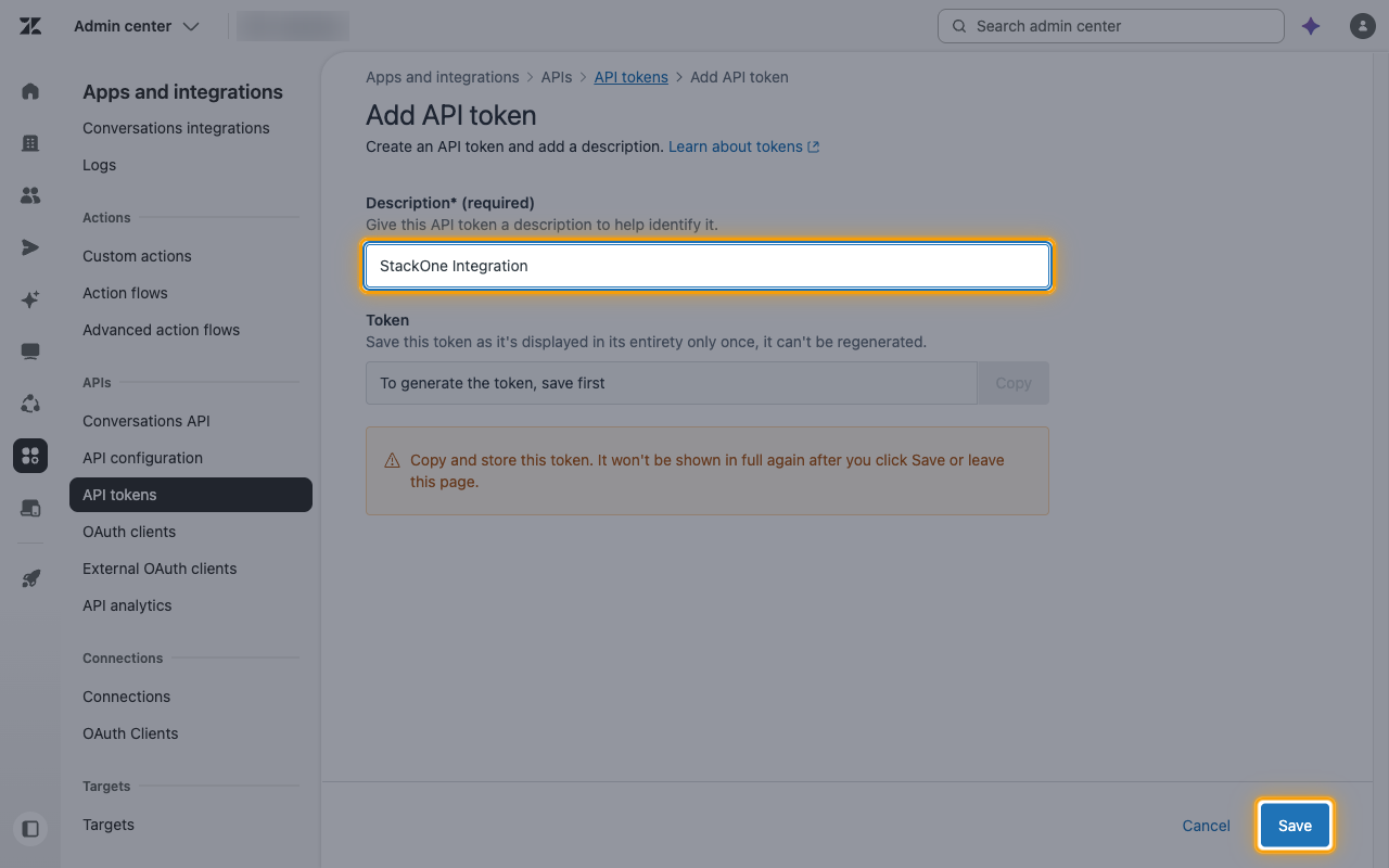 The Add API token form with the Description field and Save button highlighted