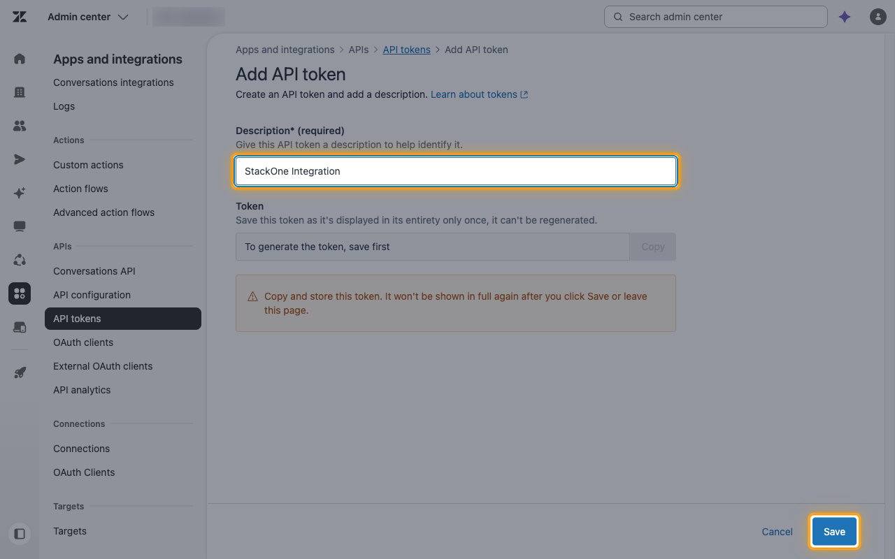 The Add API token form with the Description field and Save button highlighted