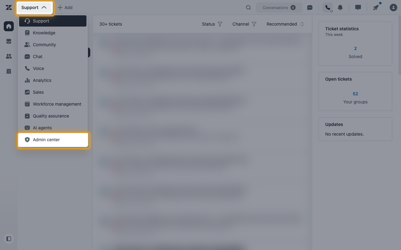 The Zendesk product menu with Admin center highlighted