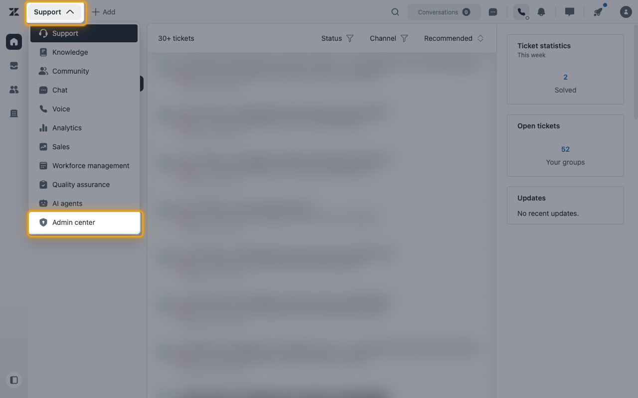 The Zendesk product menu with Admin center highlighted