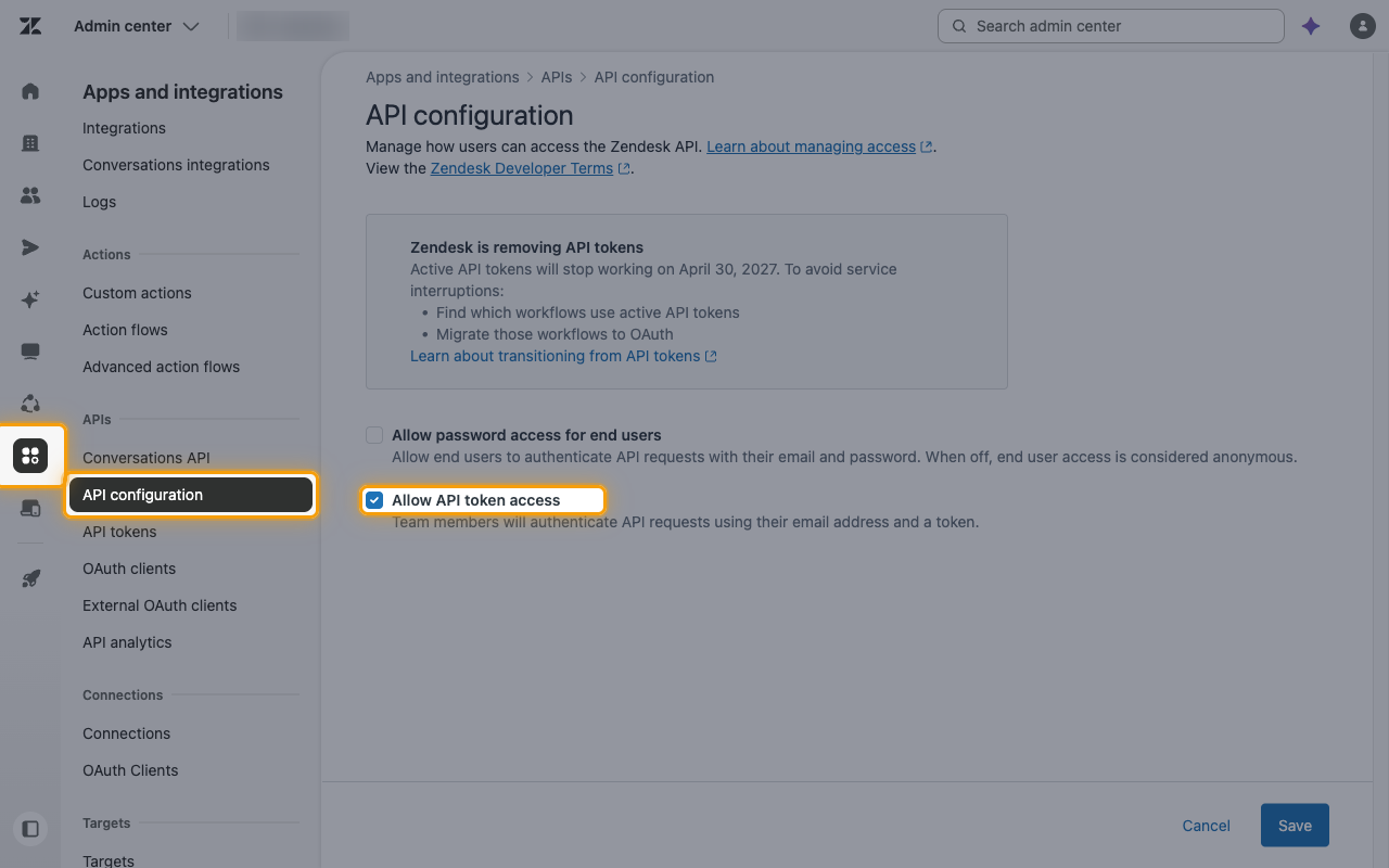 The API configuration page with the Allow API token access checkbox highlighted