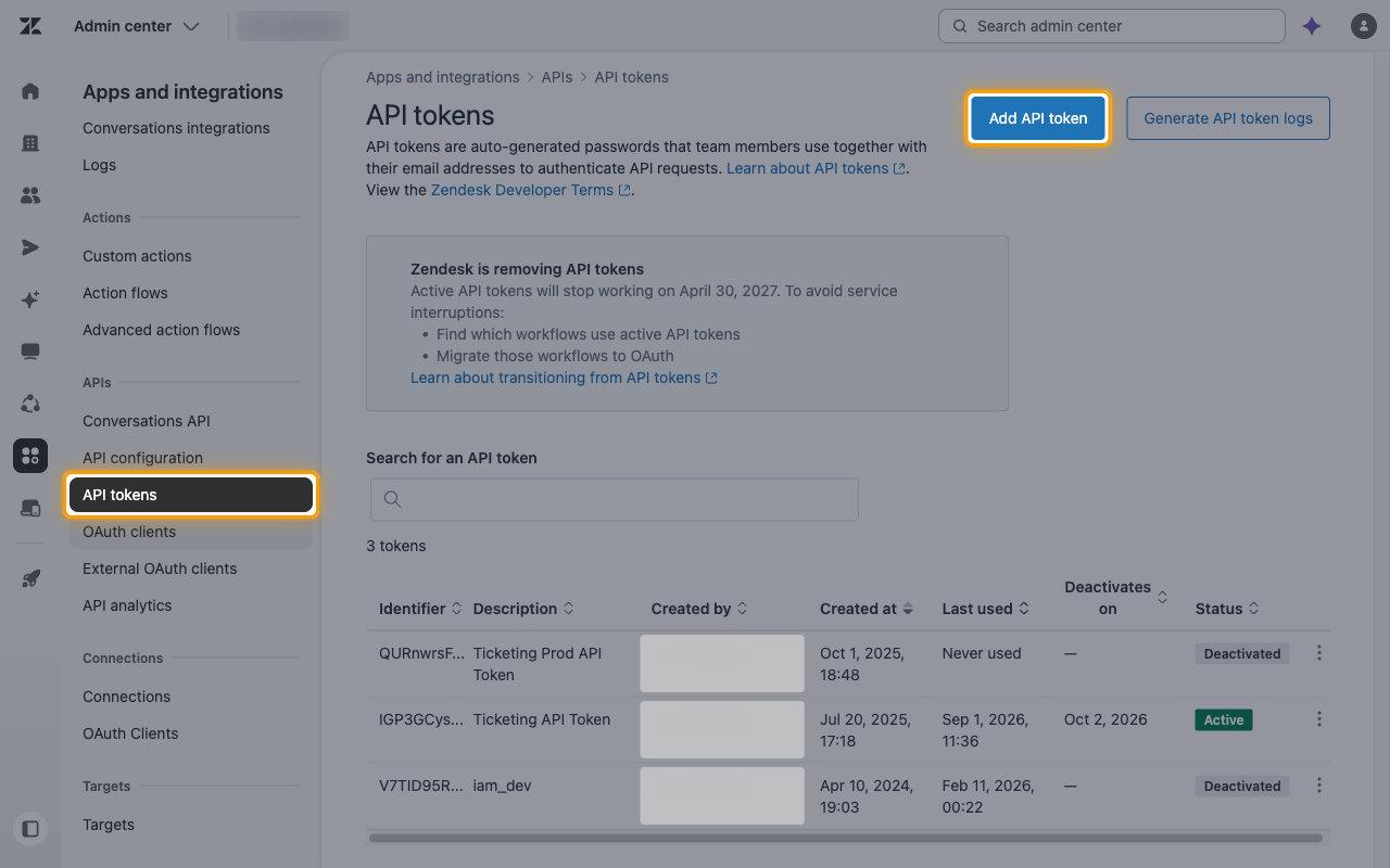 The API tokens page with the Add API token button highlighted