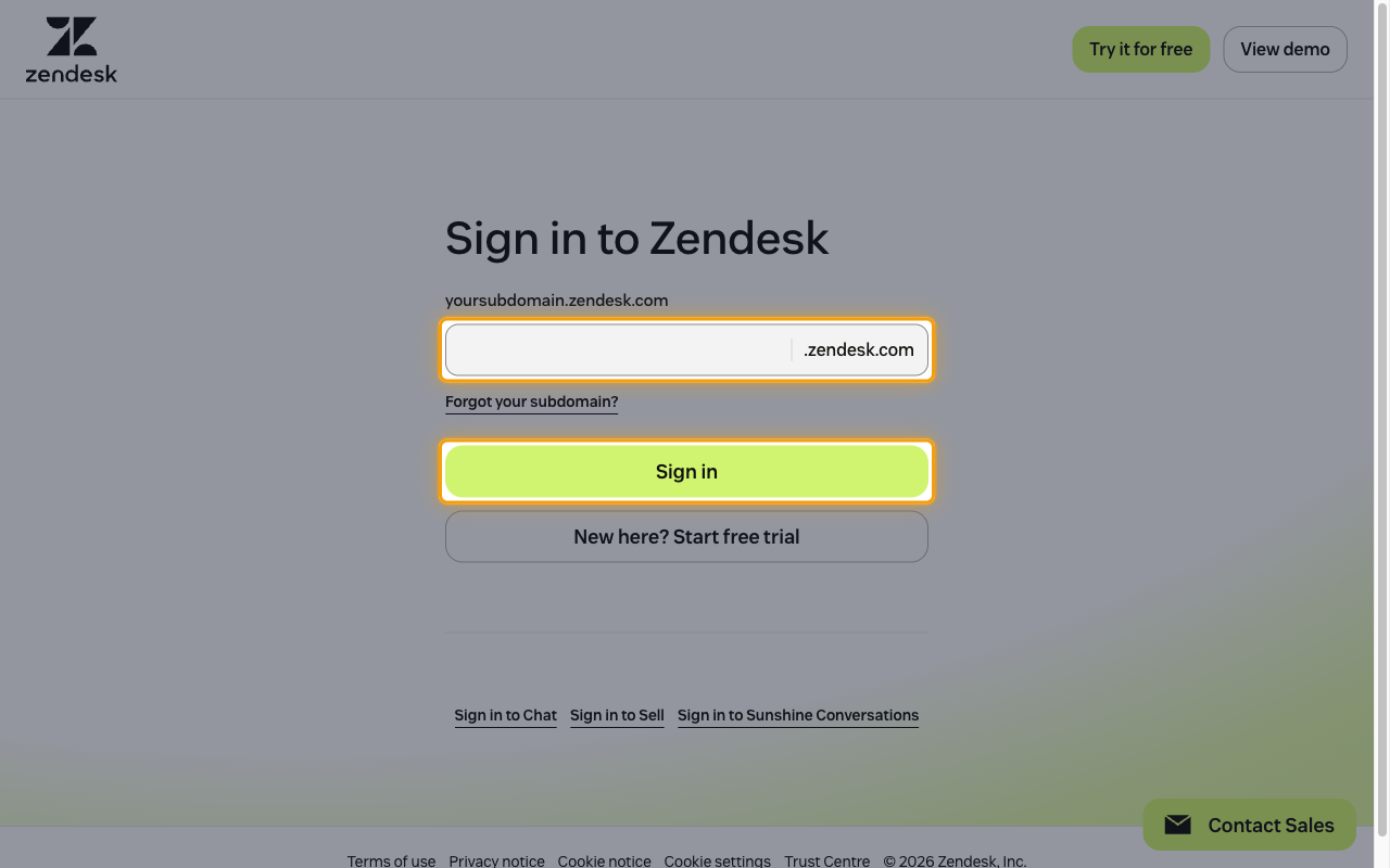 The Zendesk sign-in page with the subdomain field and Sign in button highlighted