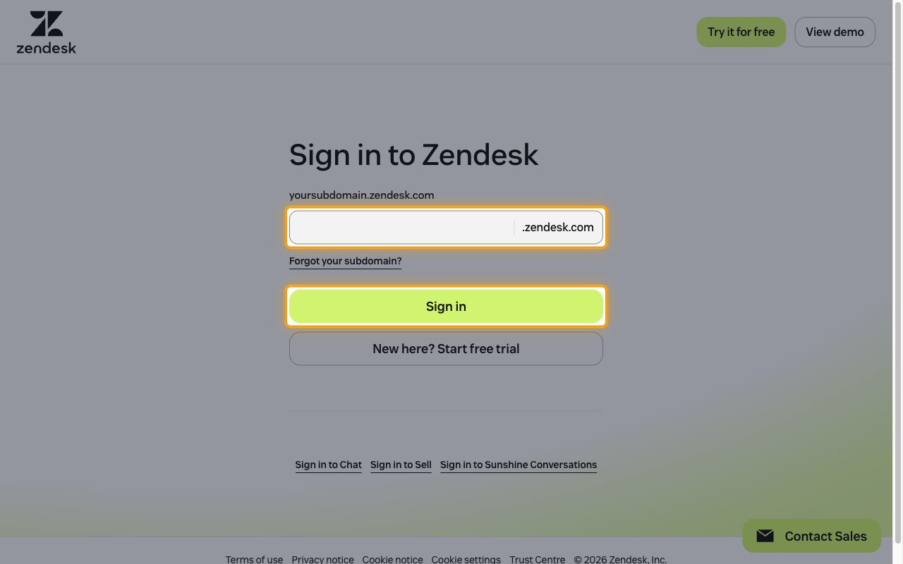 The Zendesk sign-in page with the subdomain field and Sign in button highlighted