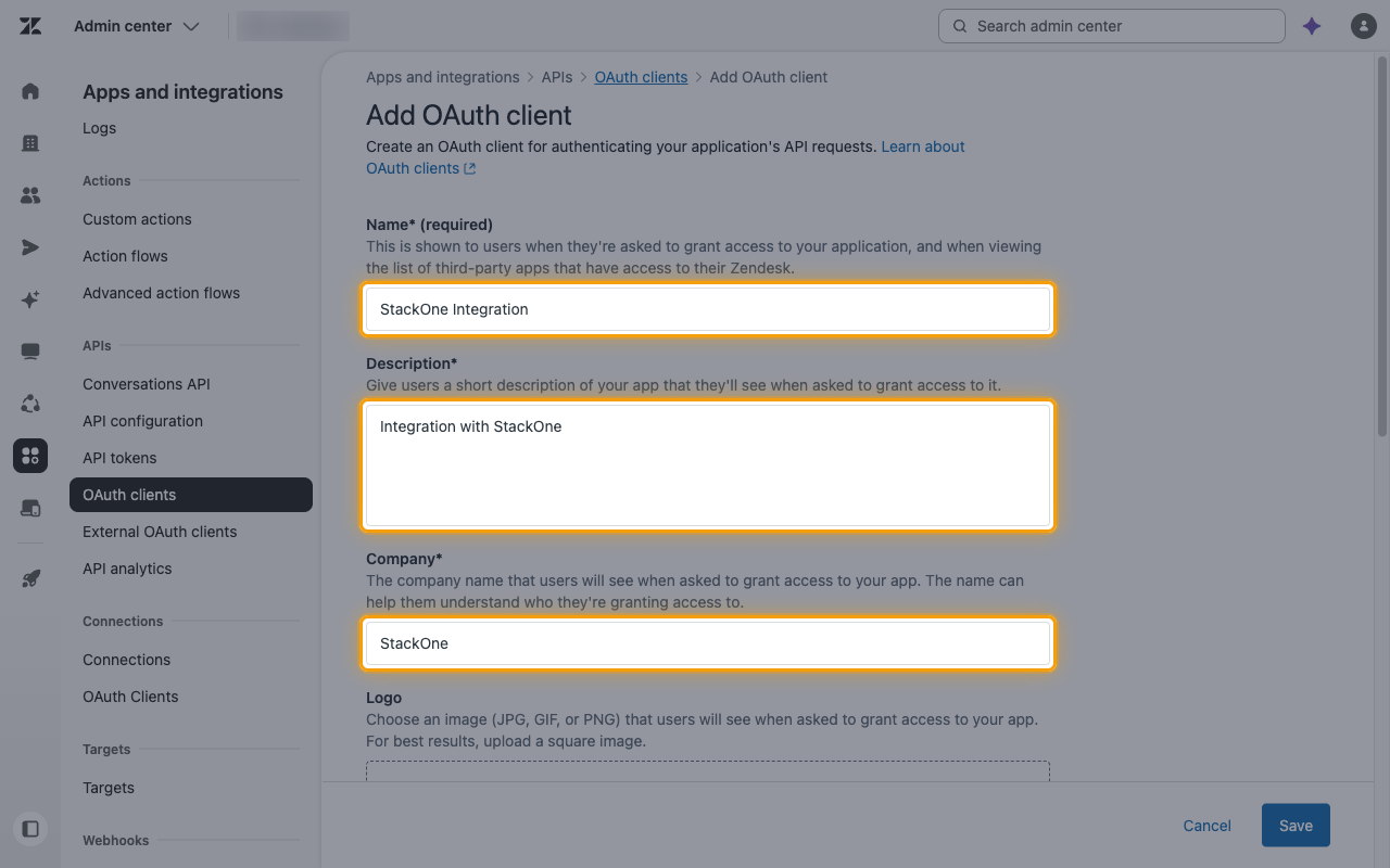 The Add OAuth client form with the Name, Description, and Company fields highlighted