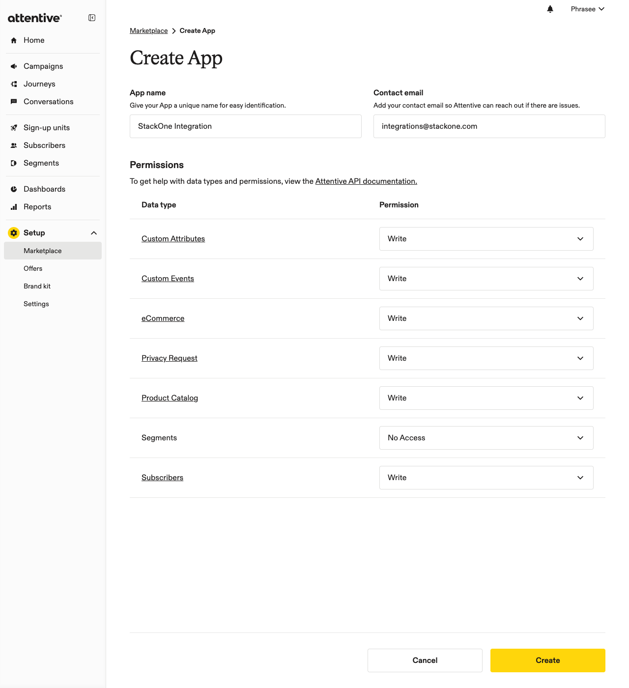 Create App form with the Permissions table showing the required data types set to Write