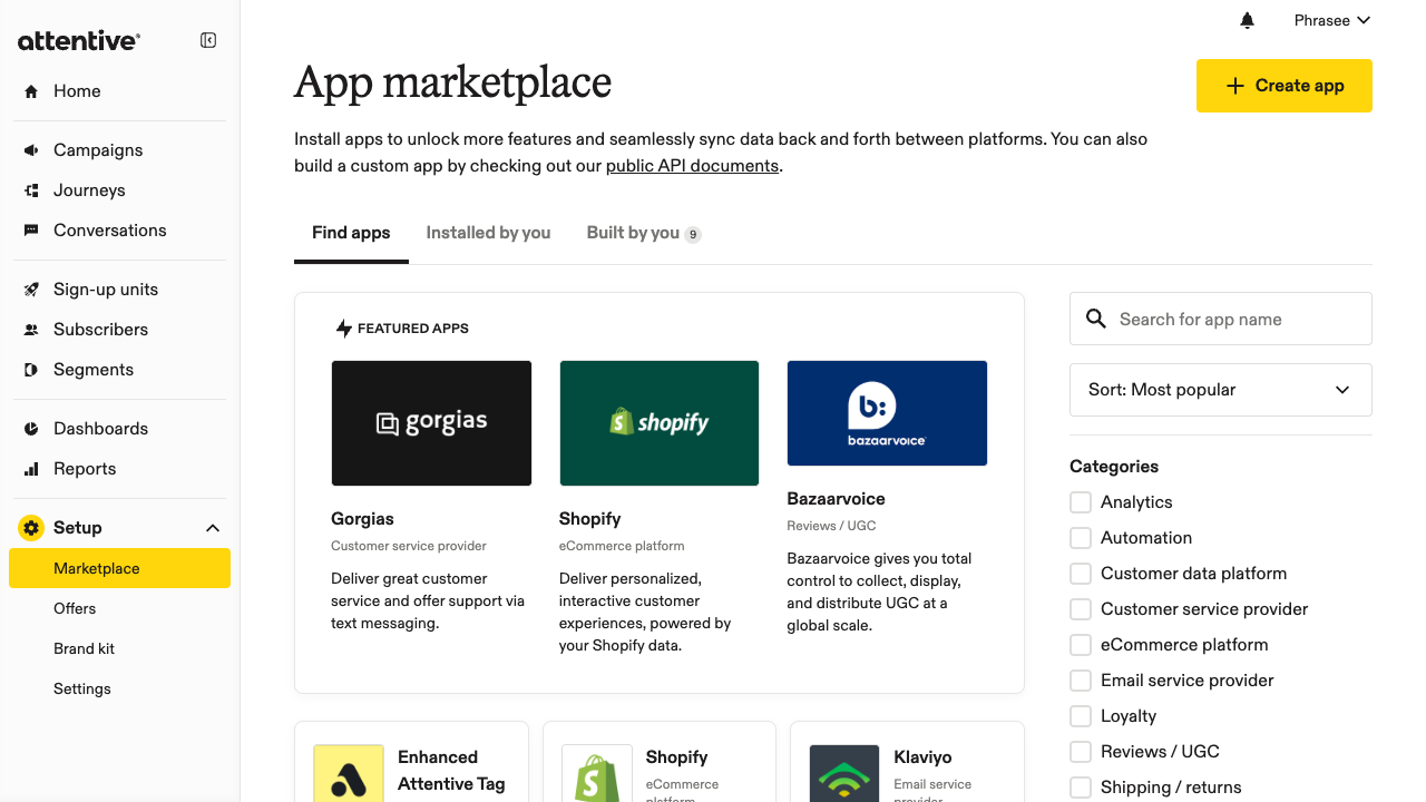 Attentive App marketplace page with the Create app button in the top-right corner