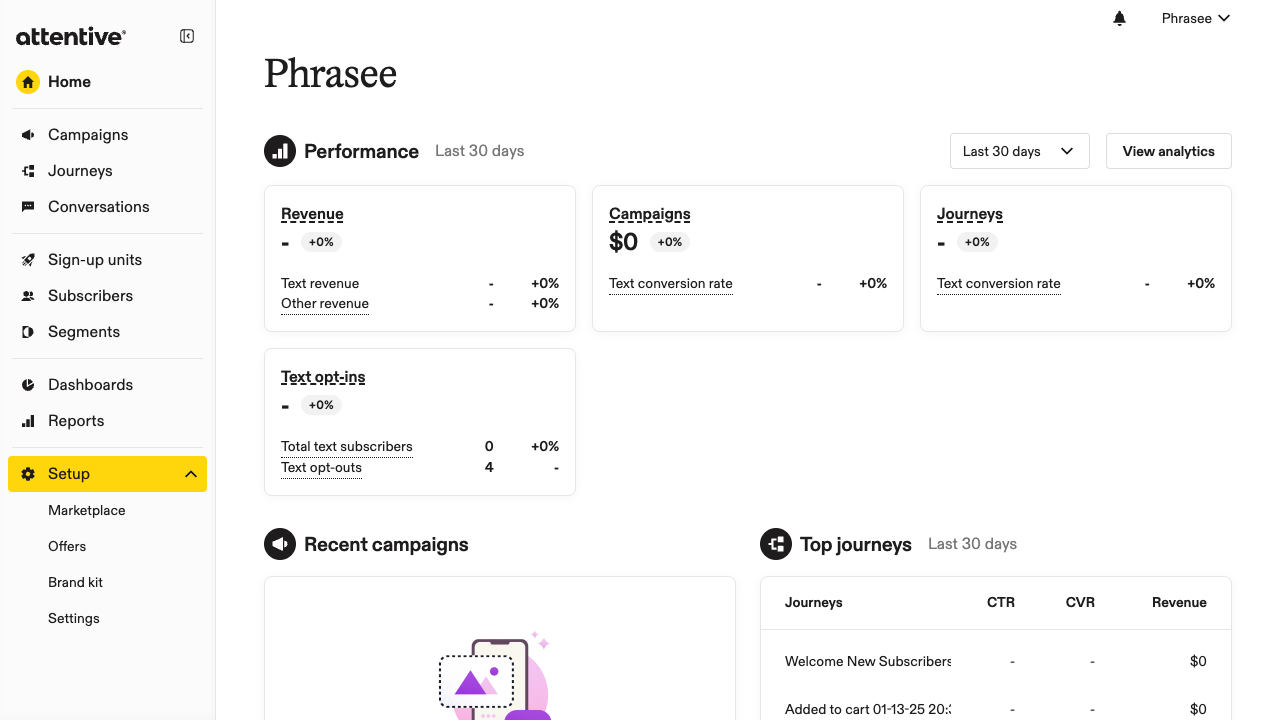 Attentive left sidebar with the Setup section expanded and Marketplace highlighted