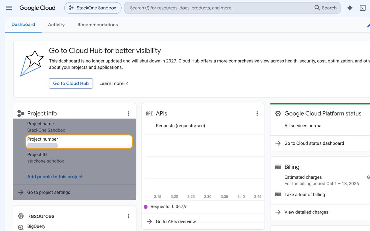 Google Cloud dashboard Project info card with the Project number highlighted