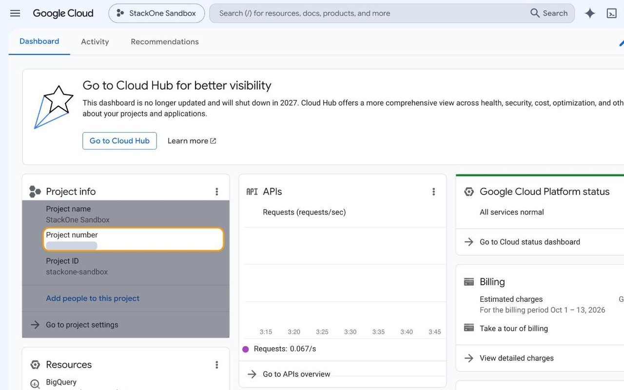 Google Cloud dashboard Project info card with the Project number highlighted