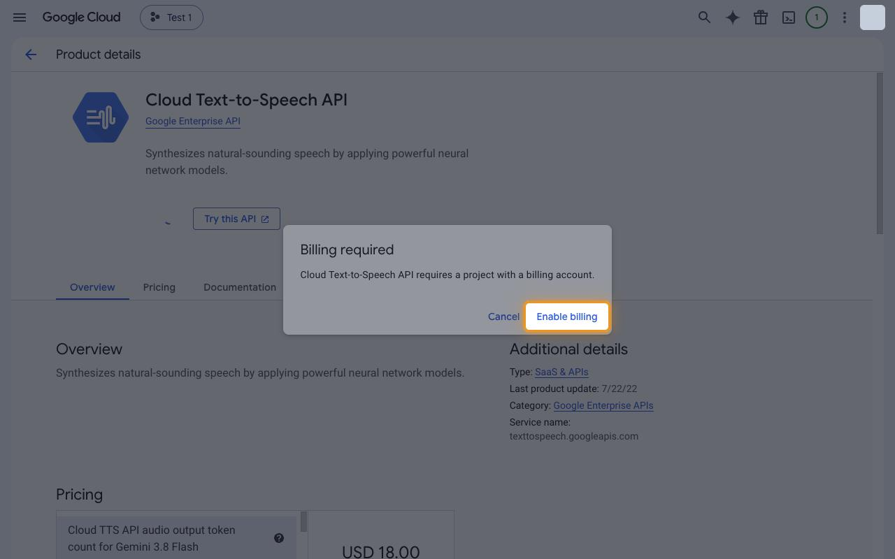 Billing required dialog with the Enable billing button highlighted